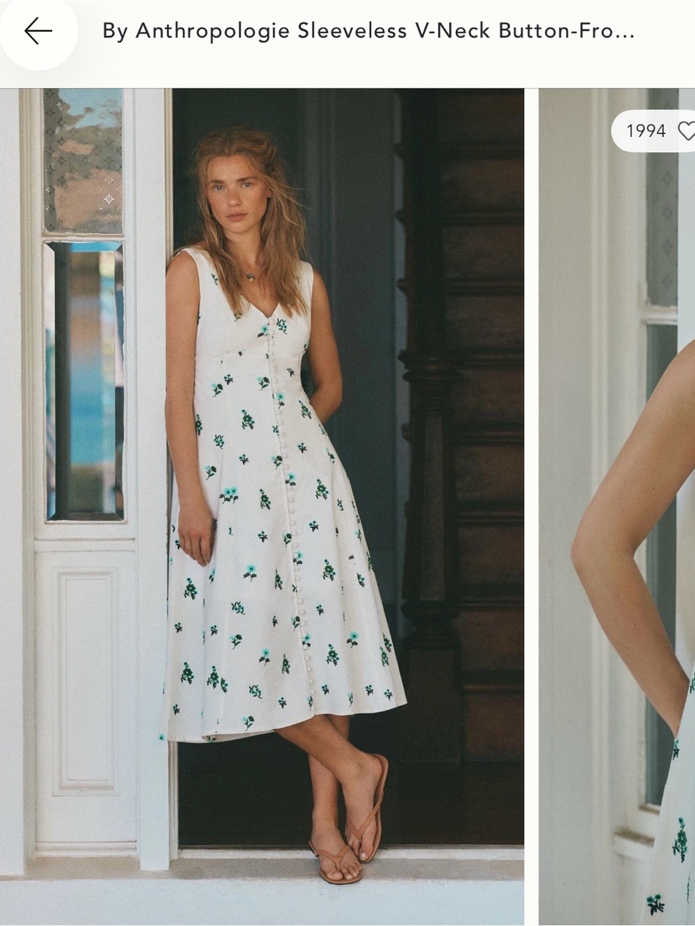 Anthropologie White Midi Dress with Green Floral Print